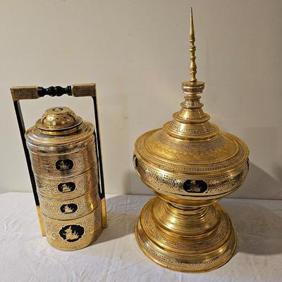 Vintage Gold Lacquer Offering Vessel & Picnic Basket (BS-JS)