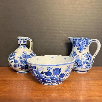 3 Piece Vintage Delft Porcelain Lot Hand Painted Blue & White Floral