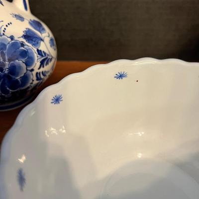 3 Piece Vintage Delft Porcelain Lot Hand Painted Blue & White Floral