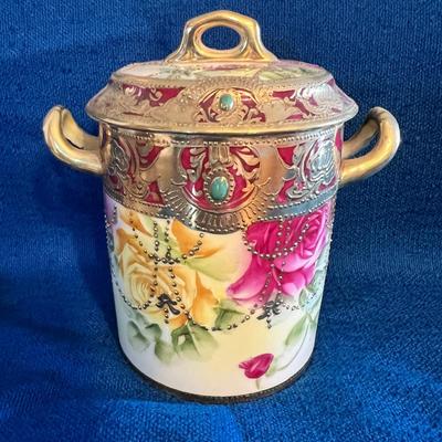 Antique Hand Painted Embossed Porcelain Lot - Tea Pot, Pitcher, Condensed Milk Jam Jar & Under Plate