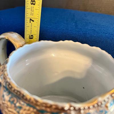 Antique Hand Painted Embossed Porcelain Lot - Tea Pot, Pitcher, Condensed Milk Jam Jar & Under Plate