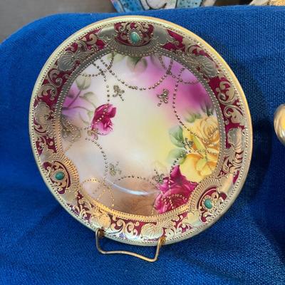 Antique Hand Painted Embossed Porcelain Lot - Tea Pot, Pitcher, Condensed Milk Jam Jar & Under Plate