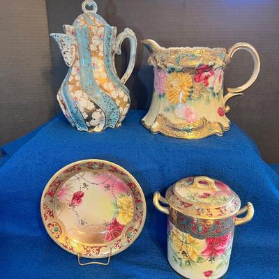 Antique Hand Painted Embossed Porcelain Lot - Tea Pot, Pitcher, Condensed Milk Jam Jar & Under Plate
