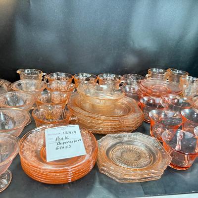Big Lot, Pink Depression glass, plates, cups and saucers