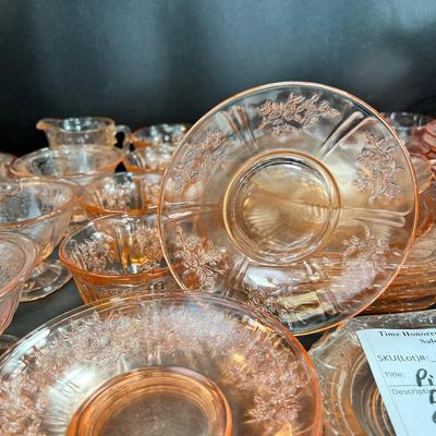 Big Lot, Pink Depression glass, plates, cups and saucers