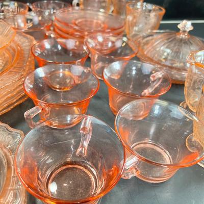 Big Lot, Pink Depression glass, plates, cups and saucers