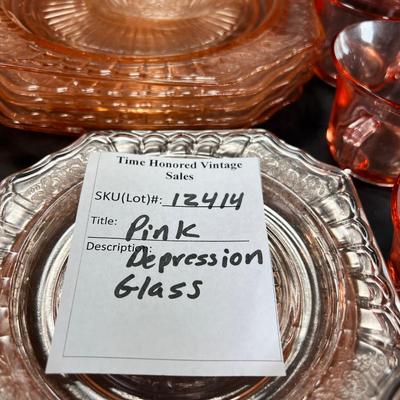 Big Lot, Pink Depression glass, plates, cups and saucers