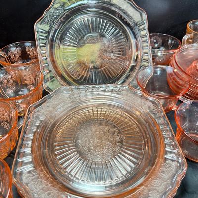 Big Lot, Pink Depression glass, plates, cups and saucers