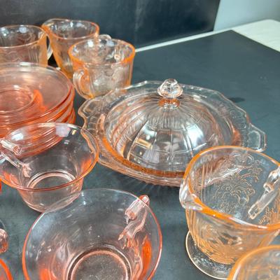 Big Lot, Pink Depression glass, plates, cups and saucers