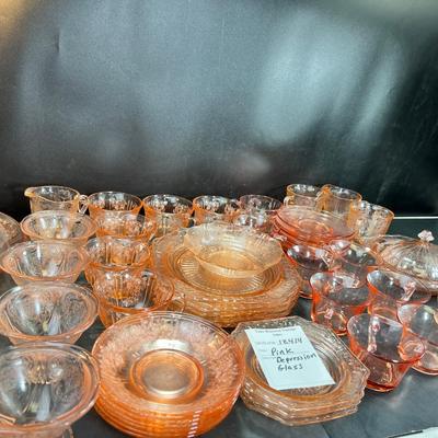 Big Lot, Pink Depression glass, plates, cups and saucers