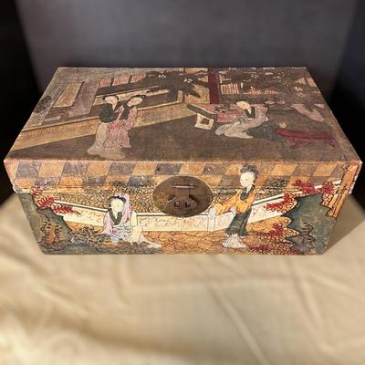 Antique Chinese Hand Painted Vellum Chest Box