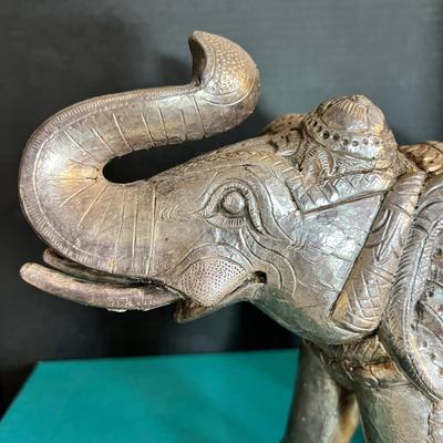 Vintage Large Etched Silver Foil on Wood Elephant Sculpture 9" Tall