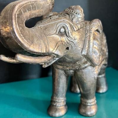Vintage Large Etched Silver Foil on Wood Elephant Sculpture 9