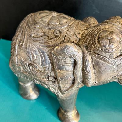 Vintage Large Etched Silver Foil on Wood Elephant Sculpture 9" Tall