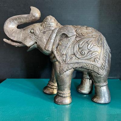 Vintage Large Etched Silver Foil on Wood Elephant Sculpture 9" Tall