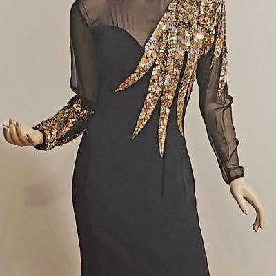 Vtg 80s Oleg Cassini Gold Sequins Embellished Crepe Maxi