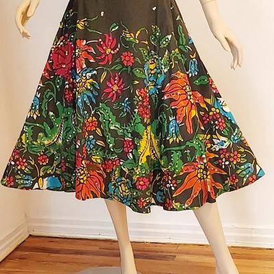 Vtg Hand Painted sweep printed Embellished Skirt Sequins