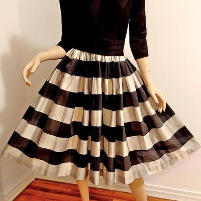 Circa 1950's Fit & Flare Striped Silk Shantung Dress with Sash Belt