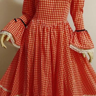 Vtg 1960s Red Gingham Prairie Maxi dress Lacs Satin Ribbons