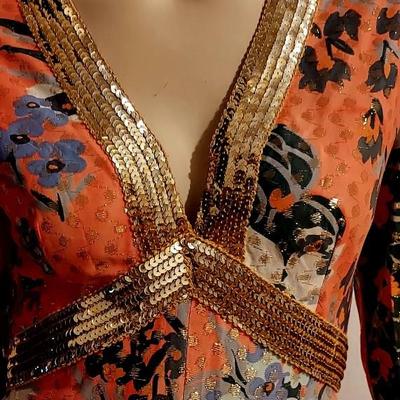 Vtg 70s Leslie Fay Metallic Floral gold Sequins Beauty