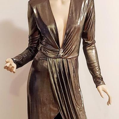 Vtg 80-90s Silver Liquid Metallic Dress w/Brooch