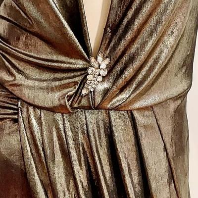 Vtg 80-90s Silver Liquid Metallic Dress w/Brooch