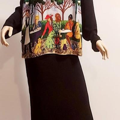 Vtg 80s Sheath Maxi dress French Cafe People printed Scene