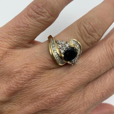 14K Gold Ring with Blue Gemstone & Many Diamonds (B1-HS)