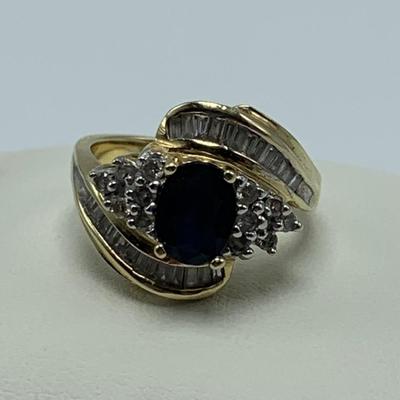 14K Gold Ring with Blue Gemstone & Many Diamonds (B1-HS)