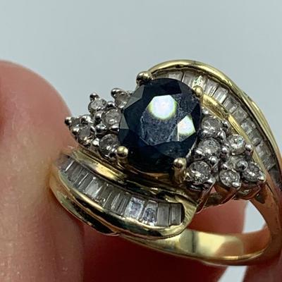 14K Gold Ring with Blue Gemstone & Many Diamonds (B1-HS)