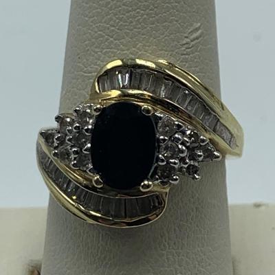 14K Gold Ring with Blue Gemstone & Many Diamonds (B1-HS)