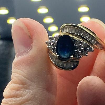14K Gold Ring with Blue Gemstone & Many Diamonds (B1-HS)