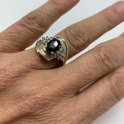 14K Gold Ring with Blue Gemstone & Many Diamonds (B1-HS)