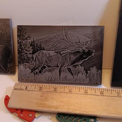 Laser art tiles moose & elk with two pocketknives