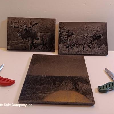Laser art tiles moose & elk with two pocketknives