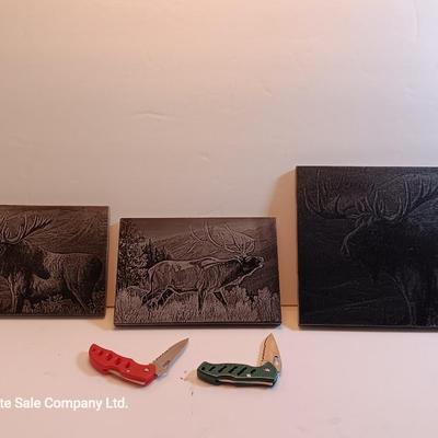 Laser art tiles moose & elk with two pocketknives