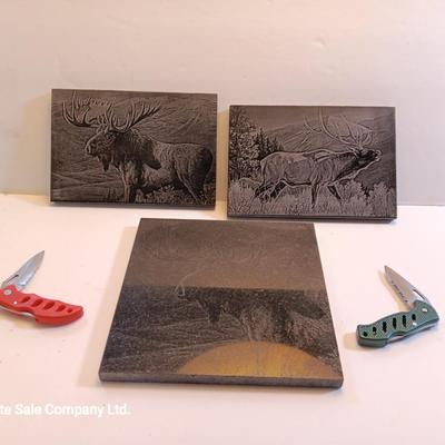 Laser art tiles moose & elk with two pocketknives