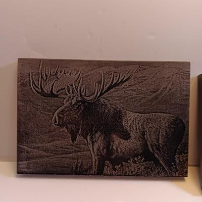 Laser art tiles moose & elk with two pocketknives