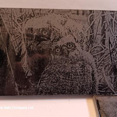 Three laser art tiles Ram - Owl and Bear