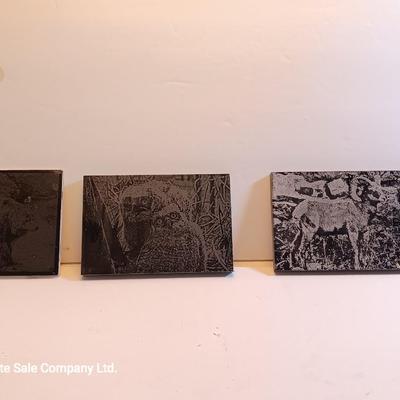 Three laser art tiles Ram - Owl and Bear