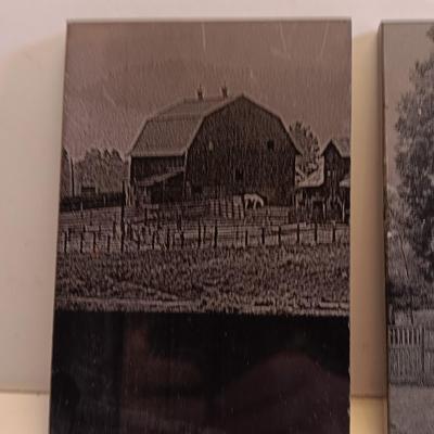 Three laser art tiles Cabin with USA flag and barn scenes