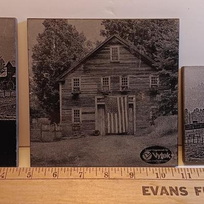 Three laser art tiles Cabin with USA flag and barn scenes