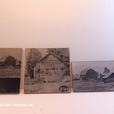 Three laser art tiles Cabin with USA flag and barn scenes