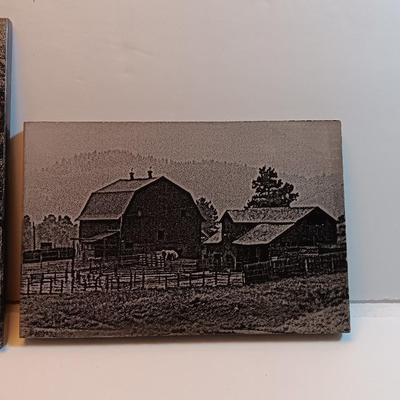 Three laser art tiles Cabin with USA flag and barn scenes