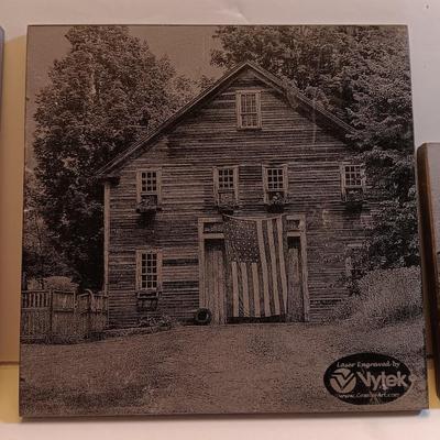 Three laser art tiles Cabin with USA flag and barn scenes
