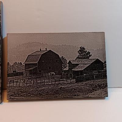Three laser art tiles Cabin with USA flag and barn scenes