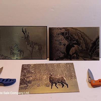 Three laser art tin / metal Antelope - Elk and Big horn in the snow