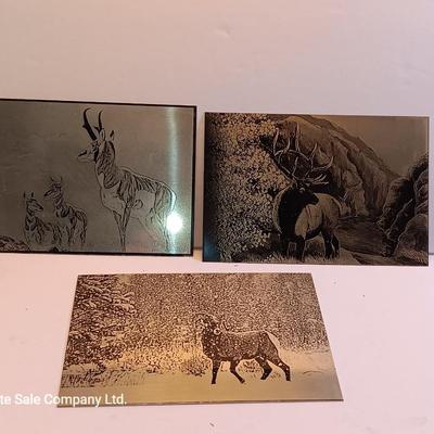 Three laser art tin / metal Antelope - Elk and Big horn in the snow