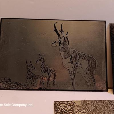 Three laser art tin / metal Antelope - Elk and Big horn in the snow