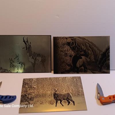 Three laser art tin / metal Antelope - Elk and Big horn in the snow